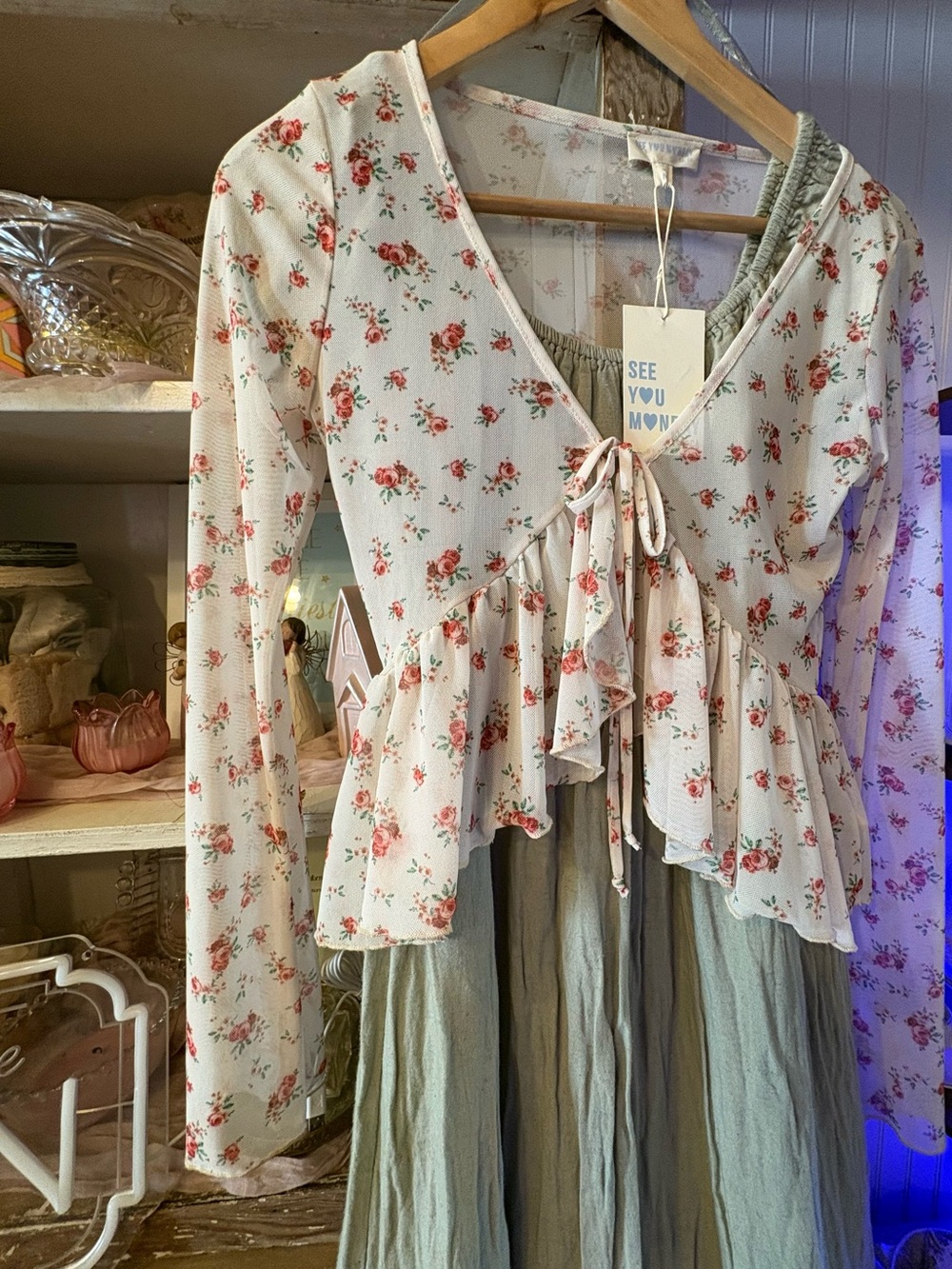 See You Monday Floral Peplum Top with Sage Maxi Skirt - Picture 2 of 3
